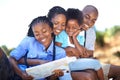 Happy, map or black family hiking in nature to relax or bond in park or holiday vacation together in forest. Children