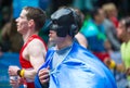 Happy Marathon runner in funny costume cheering by public. Charity money raise. London, UK