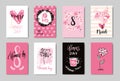 Happy 8 March Cute Doodle Greeting Cards Set Pink Background Design Woman Day Concept