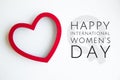 Happy 8 March International Women`s Day lettering with red heart and female icon on white background