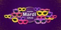 Happy Mardi Gras Carnival Party card with a Lettering and Masquerade Carnival Masks on a violet backdrop. Circus