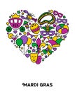 Happy Mardi Gras. Heart-shaped composition of the carnival symbols