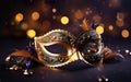 Happy Mardi Gras poster. Banner template with a photorealistic golden Venetian carnival mask, dark background. AI Generative