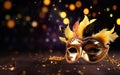 Happy Mardi Gras poster. Banner template with a photorealistic golden Venetian carnival mask, on dark blurred background