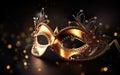 Happy Mardi Gras poster. Banner template with a photorealistic golden Venetian carnival mask on black background. AI Generative