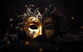 Happy Mardi Gras poster. Banner template with a photorealistic golden Venetian masquerade mask, faded on black background