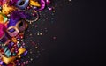 Happy Mardi Gras poster. A banner template with Venetian decorations, masquerade mask, confetti and feathers on black background Royalty Free Stock Photo