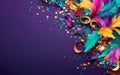 Happy Mardi Gras poster. A banner template with Venetian masquerade decorations, mask, confetti, feathers on purple background. Royalty Free Stock Photo