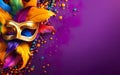 Happy Mardi Gras poster. A banner template with Venetian masquerade mask, confetti and feathers isolated on purple background Royalty Free Stock Photo