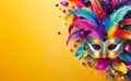 Happy Mardi Gras poster. Banner template with Venetian masquerade mask, confetti and feathers. Royalty Free Stock Photo