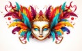 Happy Mardi Gras poster. A banner template with a Venetian masquerade mask isolated on white background. AI Generative Royalty Free Stock Photo