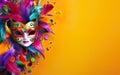 Happy Mardi Gras poster. Banner template with Venetian masquerade mask for women, confetti and feathers Royalty Free Stock Photo