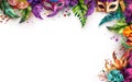 Happy Mardi Gras poster. A banner template with Venetian masquerade masks and colourful feathers isolated on white background Royalty Free Stock Photo