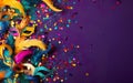 Happy Mardi Gras poster. A banner template with Venetian masquerade masks, confetti and colourful feathers on purple Royalty Free Stock Photo