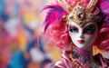 Happy Mardi Gras poster. A doll with pink hair and white face in Venetian masquerade mask with feathers. AI Generative