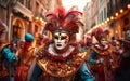 Happy Mardi Gras poster. People in carnival costumes and masks march in a parade on European street. AI Generative