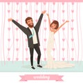 Happy married couple having fun on dance floor with hand up. Wedding celebration. Bearded groom in classic suit, bride