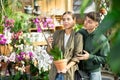 Happy married couple lovingly selects a flower pot with orchid flowers in flower shop Royalty Free Stock Photo