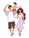 Happy married couple walks with their son. Dad and mom hugging with kid hugging, vector flat illustration isolated on Royalty Free Stock Photo