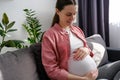 Happy maternity concept. Smiling young single pregnant woman sitting on cozy couch in light room touch big belly enjoy late stages Royalty Free Stock Photo