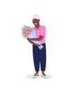 Happy mature african american woman with flowers flat color vector detailed character