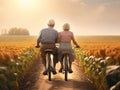 Happy mature couple cycling pass in corn field