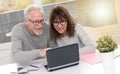 Happy mature couple having a good surprise on laptop, light effect Royalty Free Stock Photo