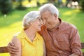 Happy mature couple sitting on bench in city park Royalty Free Stock Photo