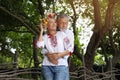 Happy mature couple in Ukrainian national clothes outdoors Royalty Free Stock Photo