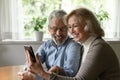 Happy mature couple using smartphone for video call from home Royalty Free Stock Photo