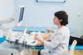 Happy mature female doctor using ultrasound scanner. Echography machine Royalty Free Stock Photo