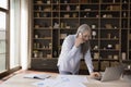 Happy mature grey haired freelance business woman standing at table Royalty Free Stock Photo