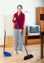 Happy mature housewife cleaning at home Royalty Free Stock Photo