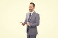 happy man making notes or signing contract on folder documents isolated on white, making notes. Royalty Free Stock Photo