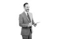 happy man making notes or signing contract on folder documents isolated on white, making notes. Royalty Free Stock Photo