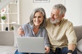 Happy mature mid age couple doing ecommerce shopping using laptop at home.