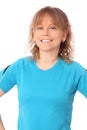 Happy mature woman in blue workout clothes feeling great Royalty Free Stock Photo