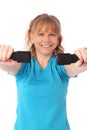 Happy mature woman in blue workout clothes feeling great Royalty Free Stock Photo