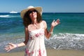 Happy Mature Woman Beach Blissful Sea Horizon Royalty Free Stock Photo