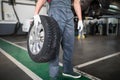 Close up of man mechanic carrying a tire in tire service Royalty Free Stock Photo