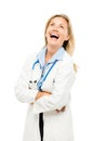 Happy medical doctor woman isolated on white background Royalty Free Stock Photo