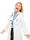 Happy medical doctor woman isolated on white background Royalty Free Stock Photo