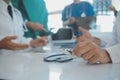 Happy medical team having a meeting in conference room in hospital. Doctors at briefing in hospital office Royalty Free Stock Photo