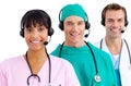 Happy medical team using headsets