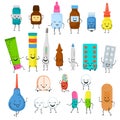 Happy medicine characters emojji vector illustration. Cute medical thermometer, syringe, tablets smile plaster isolated