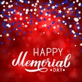 Happy Memorial Day calligraphy lettering with stars confetti on bright red background. Vector illustration. Easy to edit template