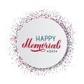 Happy Memorial Day calligraphy lettering on white paper plate. American patriotic celebration poster. Easy to edit vector template