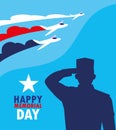 happy memorial day card with silhouette of military and airplanes