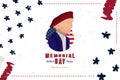 Happy Memorial Day. Greeting card with Soldier and original font and USA flag. Template for American holidays. Flat illustration Royalty Free Stock Photo