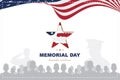 Happy Memorial Day. Greeting card template with Usa flag with star and veteran silhouettes on white background. National